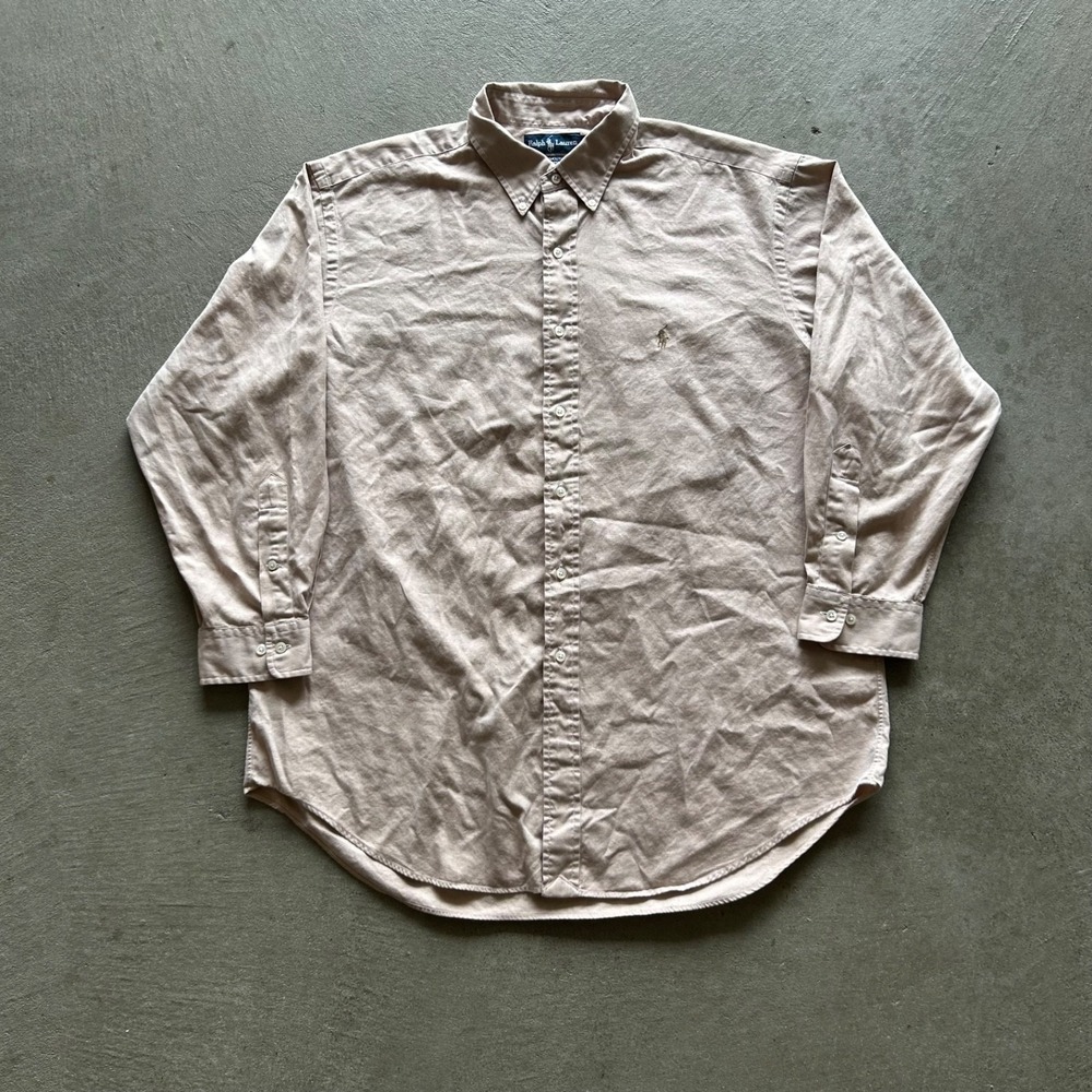 Vintage Polo Ralph Lauren Button Up Shirt Size 17 32-33 Tan Yarmouth Cotton Pony